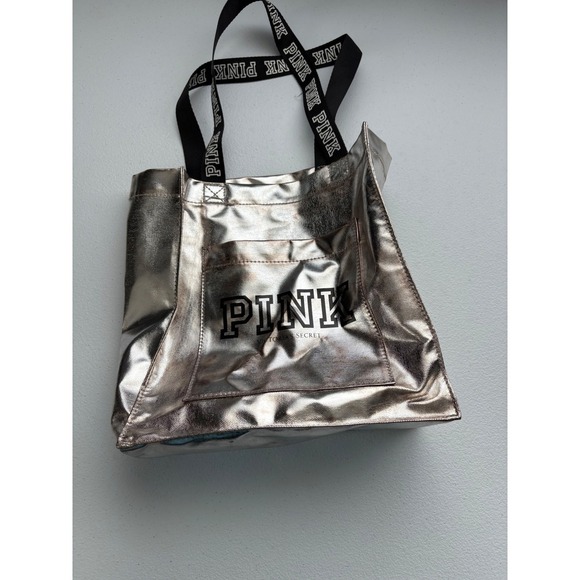 PINK Victoria's Secret Silver Metallic Tote Bag with Black Straps - Picture 1 of 4